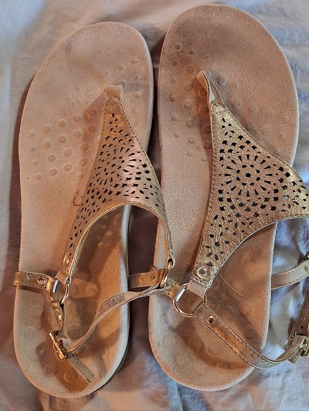Vionic Metallic Gold Laser-Cut T-Strap Sandals